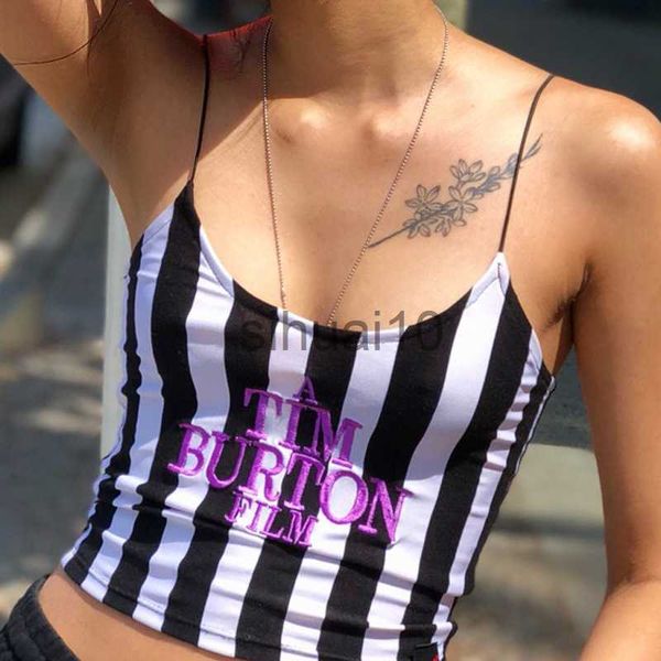 

diy tanks camis letter embroidery camis women crop 2022 summer sleeveless skinny camisole black white stripe vests tee tim burton film j2307
