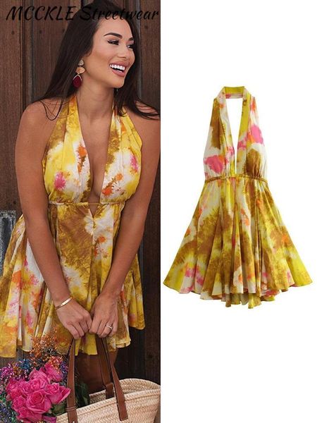 

basic casual dresses floral printed beach dress women mini deep vneck backless halter female summer vacation sleeveless short robe 230706, Black;gray