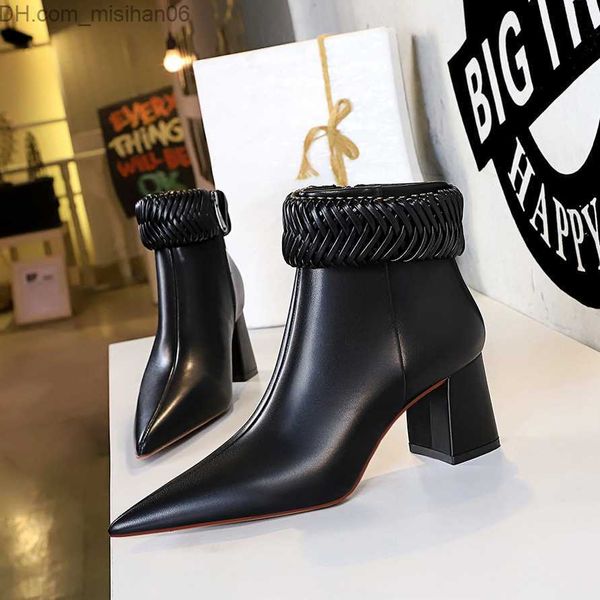 

dress shoes bigtree shoes thick high heels women's ankle boots designer wears polo collar leather boots fashion point short boots women, Black