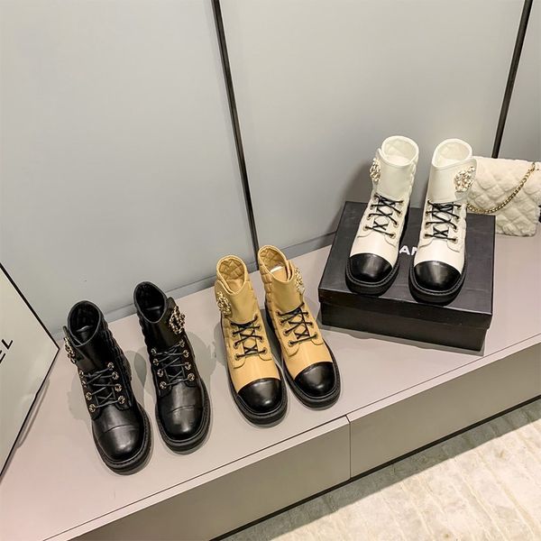 

luxury designers shoes autumn/winter new leather diamond check martin boots women's thick heel platform ankle boots lace-up short, Black