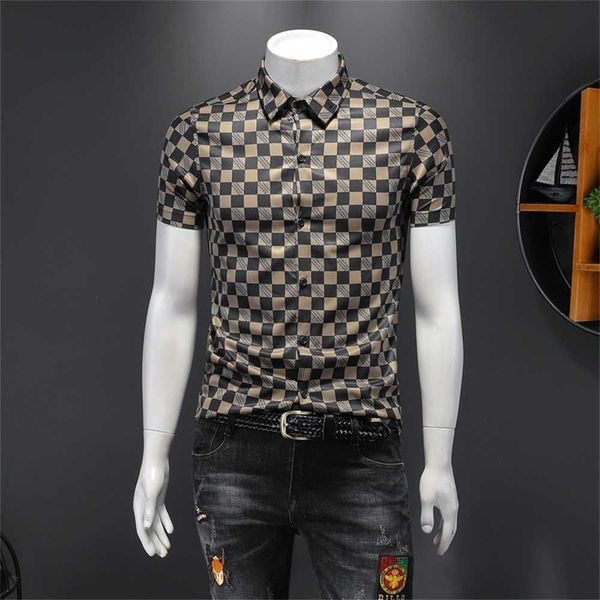 

summer plaid print shortsleeved shirt mens handsome fashion casual slim wild light cooked wind lapel s-5xl 200 pounds is enough vk85 07q3, White;black