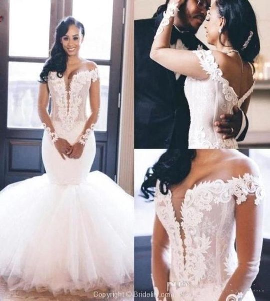 

2020 modern african plus size wedding dresses mermaid v neck off the shoulder long sleeve ruched ruffles appliques bridal gowns9219404, White
