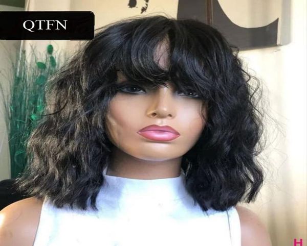 

curly wave no lace front human hair wigs with bangs for black women maching made wig remy brazilian hair6978059, Black;brown