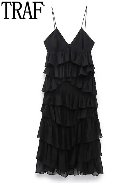 

basic casual dresses traf black backless dress woman ruffle long dress women ruched slip midi dresses ladies christmas night party dresses 2, Black;gray