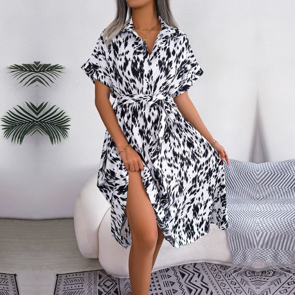 

basic casual dresses ficusrong women summer casual loose leopard lace up shirt dress for ladies fashion all match chic dresses 230705, Black;gray