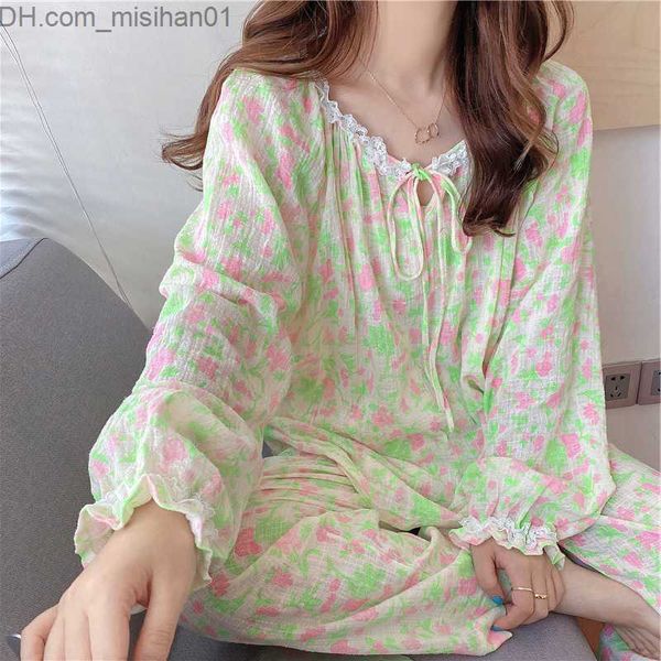 

women's sleep lounge ins style women's pajamas long sleeved floral pajama set. fluorescent floral pants. retro women's pajama