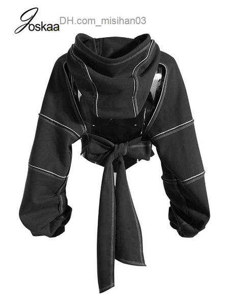 

women's hoodies sweatshirts joskaa patchwork irregular cut hoodie women's long sleeve backless bandage crop 2023 hip hop sweatshir, Black
