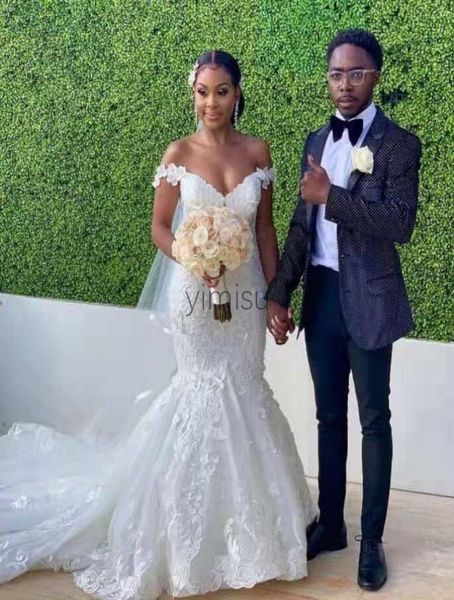 

elegant lace mermaid wedding dresses 2020 off shoulder sweep train appliques garden country african bridal gowns vestidos de novia6625318, White