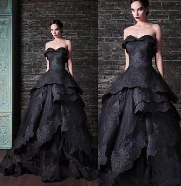 

gothic style black prom dresses vintage lace applique sweetheart tiered skirt ruffles evening dress formal wear custom made 26096718