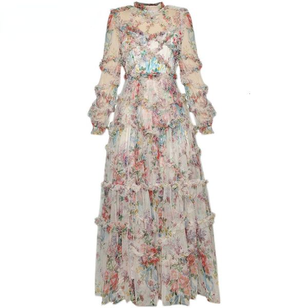 

basic casual dresses lace lantern sleeve mesh print cascading ruffle vacation ball gown dresses for women luxury designer autumn runway eleg, Black;gray