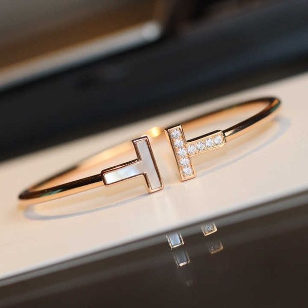 

internet celebrity tiffay double t open bracelet women's plated 18k rose gold with diamond white fritillaria full diamond and half elas, Black