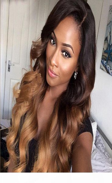 

ombre brown u part human hair wigs body wave brazilian remy hair right side part 14quot two tone color for black women1452009