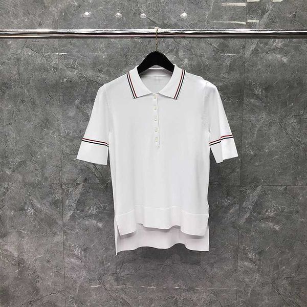 

tb thom women t-shirt summer fashion brand casual rwb striped solid polo short sleeve turn-down design loose tb sweatshirt, White
