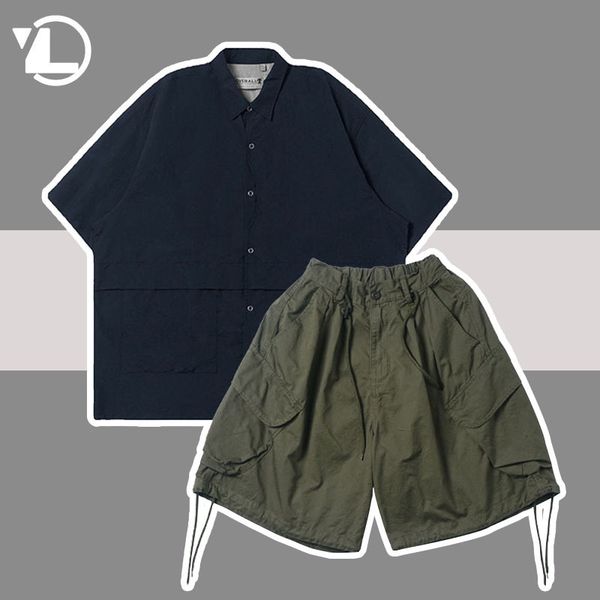 

mens tracksuits japanese cargo sets men women casual loose shirts shorts couple half sleeve streetwear pocket retro summer 2 pcs set 230706, Gray