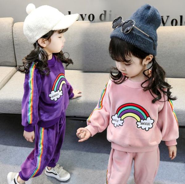 

girls velvet two piece set 2023 spring autumn children clothing cute round collar sweater pants for 15 yeras baby girls thanks8873412, White