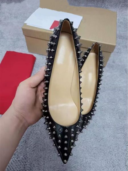 

designer dress shoes spring autumn women flat heel shoes pointed toe wedding dance shoes genuine leather classic rivet red shiny sole lady o, Black
