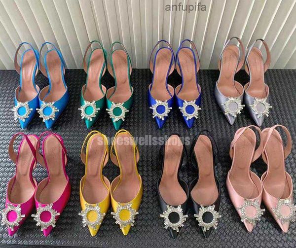 

amina muaddi dress shoes sandals satin pointed slingbacks bowtie pumps crystal-sunflower high heeled shoe 10cm women's luxury designer, Black