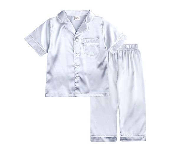 

children summer pajamas kids pyjamas homewear silk satinlike short sleeve long pants sleepwear nightwear girl boy pajama sets7834176, Blue;red