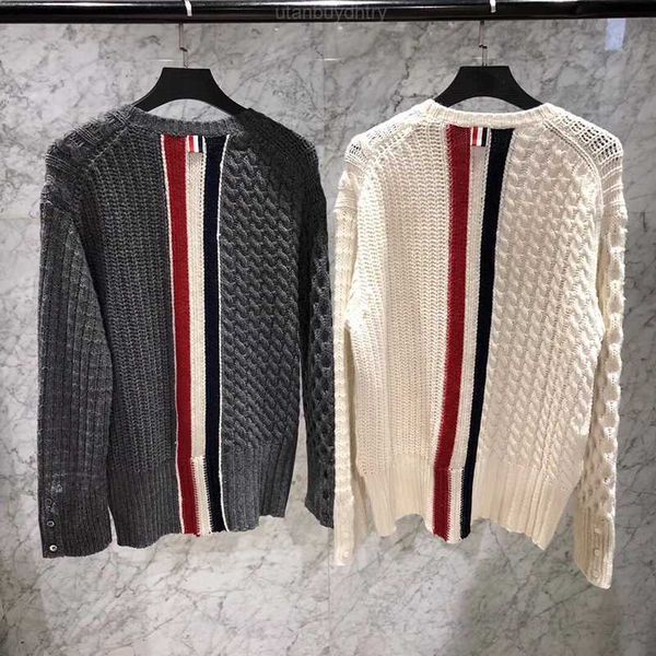 

tb thom man sweaters spring autumn sweaters loose o-neck pullovers clothing striped spliced cotton wool thick tb winter coat, White;black