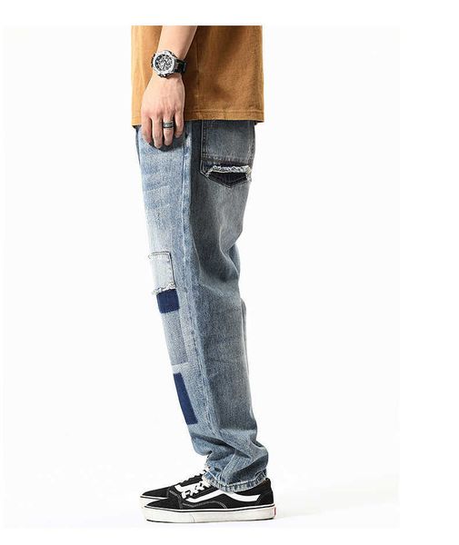 

wholesale n-style vintage ripped jeans boys baggy straight casual pants trend brand patch nine points big daddy pants, Blue