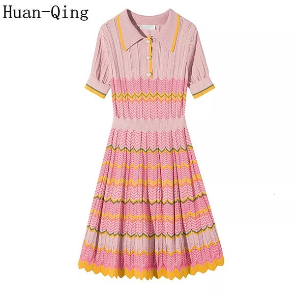 

basic casual dresses small fragrance summer wavy stripes pleated knitted sweaters dress women short sleeve elegant party flexible knit dress, Black;gray