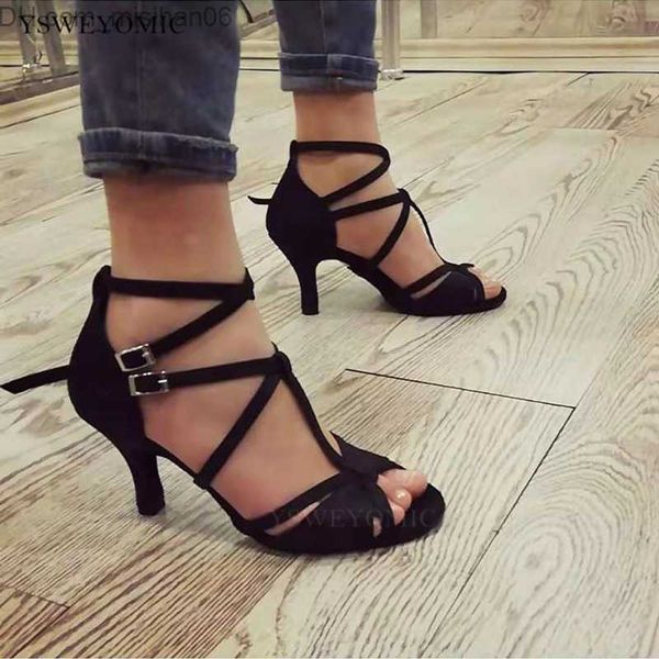 

dress shoes salsa dance shoes women 2021 new black satin 7cm heel image suede sole indoor ballroom dance shoes latin women's z230712
