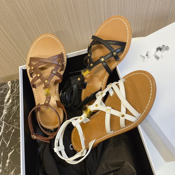 

35-40 clea triomphe rope sandal calfskin flat mule ankle tie leg wrap designer sandals slides logo shoes gold buckle slingback slippers beac, Black