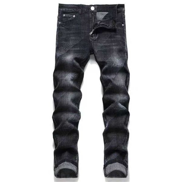 

trendy high street mens jeans pants fashion designer blue hole washed casual fit straight leg pant youth rivet print patch black jean embroi