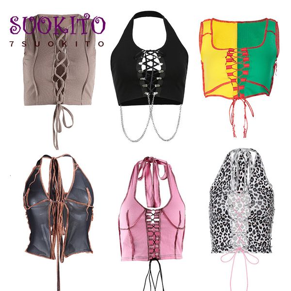 

women's tanks camis v-neck bandage cut out hole crop womens camis summer y2k punk style ribbed knitting tank club wear mujer 230705, White