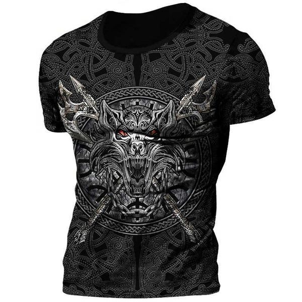 

2022 new viking print t-shirt 3d digital short sleeve men's top, White;black