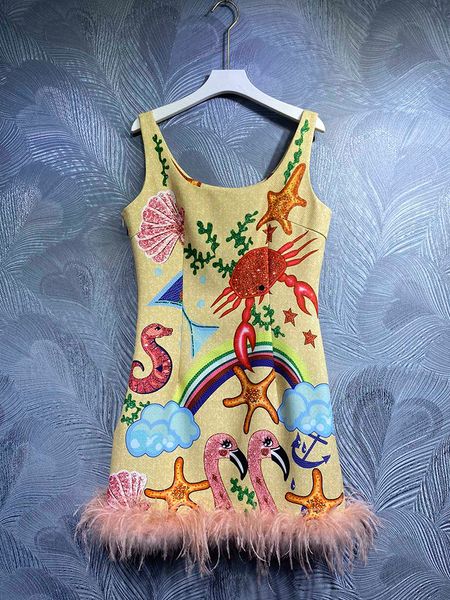 

basic casual dresses seifrmann summer women fashion runway mini dress starfish shell crab print tassel hem sleeveless tank strap dresses 230, Black;gray
