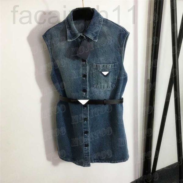 

women's plus size outerwear & coats designer metal badge denim vest for women fashion sleeveless jackets ladies with belt j4g0, Black
