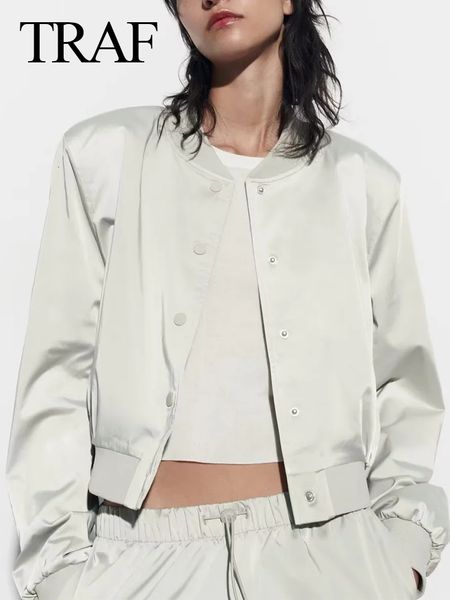 

women's leather faux leather traf female casual long sleeves single breasted with pockets crop outfits women fashion o-neck satin bombe, Black