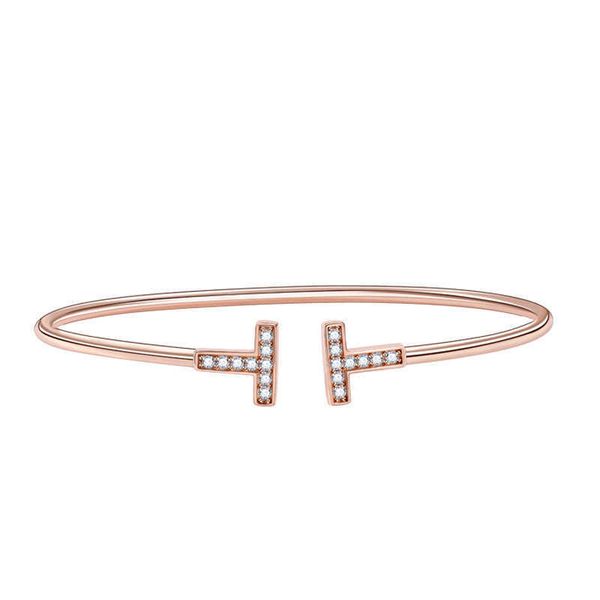 

counter quality 925 sterling silver double t open bracelet letter net red home diamond with 18k rose gold plating with logo 8k1m, Black