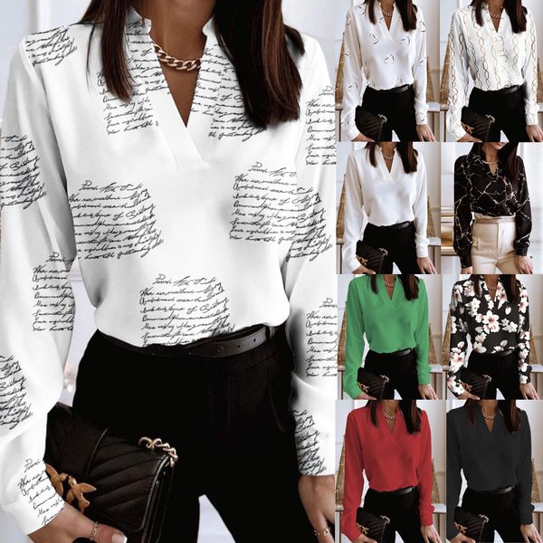 

spring long sleeved v-neck loose printed women's shirts female casual blouses, White