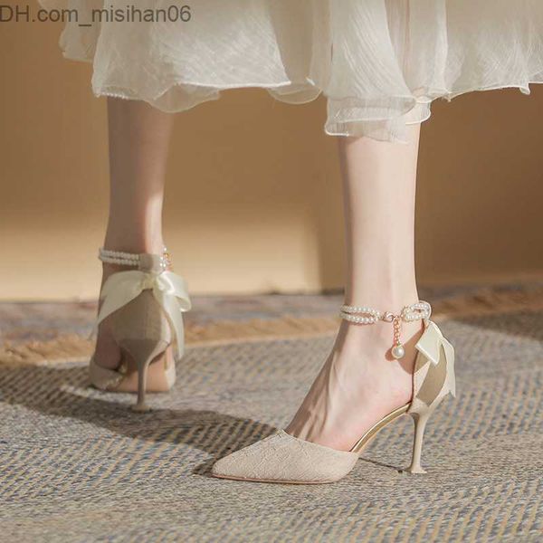 

dress shoes 2023 summer fairy pearl high eeled shoes european size 34-40 women's corner toe lace thin high heels pump princess dress sh, Black