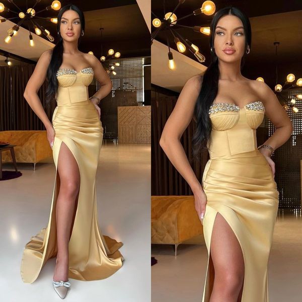 

gold sheath prom dresses beads sweetheart evening gowns pleats side slit formal long special occasion party dress, Black