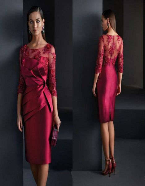 

chic burgundy mother of the bride dresses satin appliqued lace a line knee length wedding guest dress ruffles plus size evening go8937312, Black;red