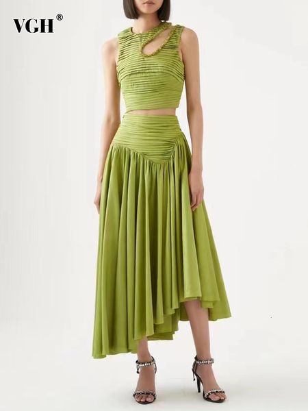 

two piece dress vgh slim two piece sets for women round neck sleeveless hollow out pleat crop irregular hem pleated skirt solid set female, White