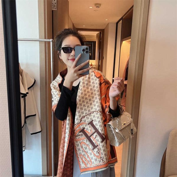 

designer hemrres scarf fully printed digital h-letter imitation cashmere scarf for women in autumn and winter new warm shawl, Blue;gray