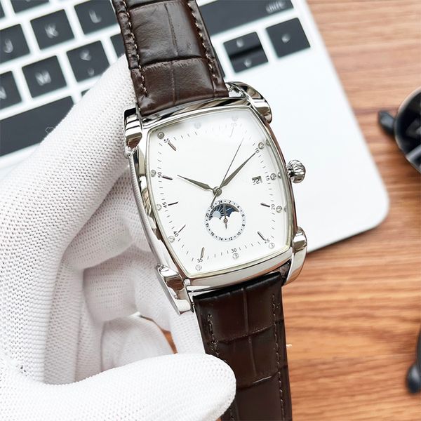 

watch mens watch automatic mechanical watches leather strap waterproof montre de luxe 43mm moon phase, Slivery;brown