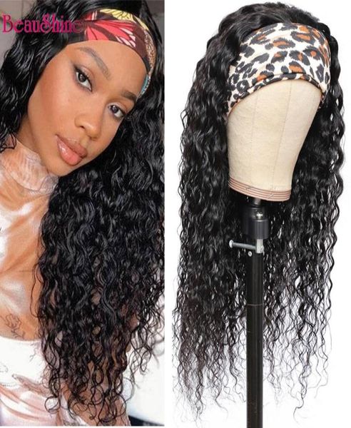 

water wave human hair wigs peruvian curly headband wig human hair wigs for women 150 remy hair scarf wig8608452, Black;brown