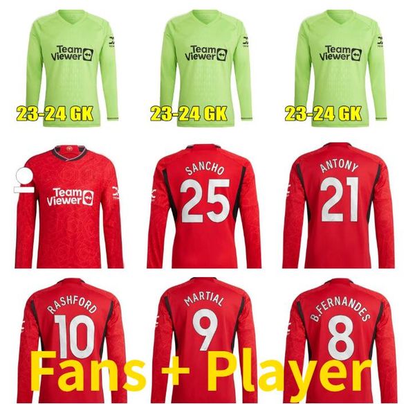 

23 24 long sleeve r.varane martinez soccer jerseys 2023 2024 sancho rashford maillots de foot b.fernandes antony eriksen casemiro football s, Black;yellow