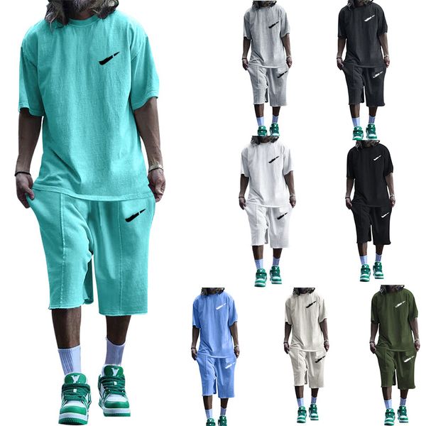 

oversize two piece sets men summer fashion short sleeve o neck t shirt and shorts loose suits mens streetwear outfits casual set, Gray