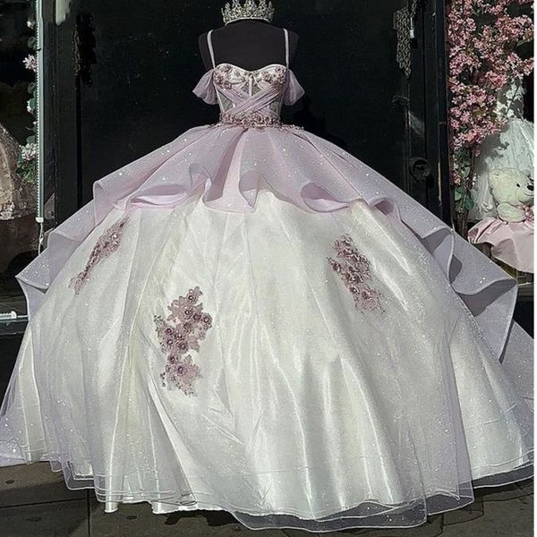 

lilac shiny spaghetti straps tiered quinceanera dress ball gown bling crystal appliques lace pleat corset vestido de 15 anos, Blue;red