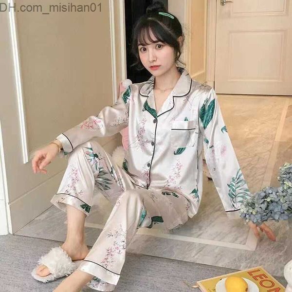 

women's sleep lounge spring leaf printed women's pajamas smooth ice silk two piece set fashion long sleeve home clothing women&#03