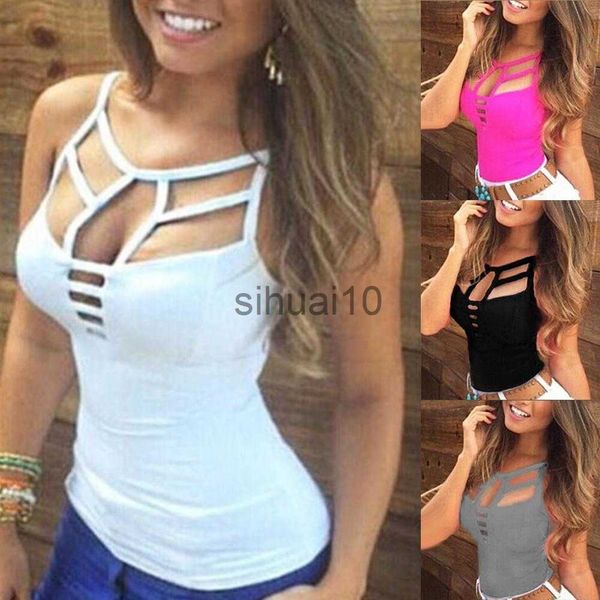 

diy tanks camis fashion solid color summer women strappy v neck vest sleeveless camisole bandage hollow out slim vest tank j230706, Black