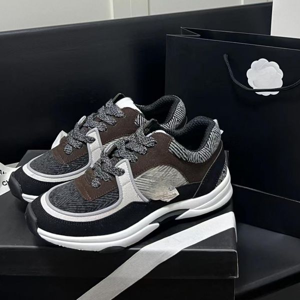

brand casual shoes women's thick bottom tweed color blocking sneakers designer cowhide fashion casual shoes letter embroidery running s, Black