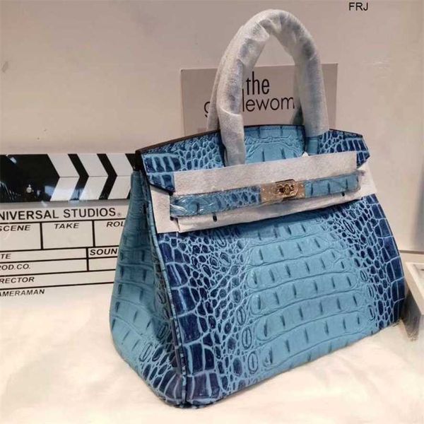 

designer bags birkins h ermes handmade highend deepsea blue crocodile bone pattern headband cowhide messenger shoulder handbag womens bag ha