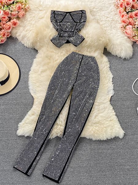 

women's two piece pants women black white diamonds set party slash neck off shoulder camis high waist female suit autumn 230705
